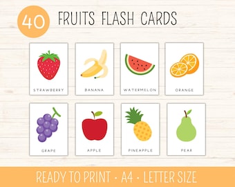 40 Printable Fruits Flashcards, Montessori Flashcards,  Three Part Cards, Fruits cards, Toddler Education, Preschool Learning Materials