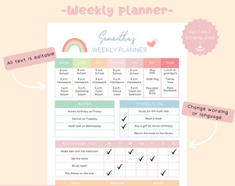Kids Weekly Planner Printable, Kids Weekly Schedule, Kids Daily Planner, Homeschool Planner, Visual Schedule, Chore Chart for Kids, Calendar