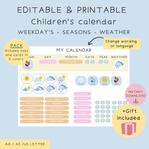 Gráfico meteorológico editable para niños, Tablero meteorológico, Clima para niños, Gráfico de tareas, Tarjetas meteorológicas, Hora del círculo, Calendario para niños, Calendario perpetuo
