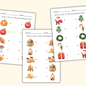 May include: A printable worksheet with three matching games. Each game has a set of pictures to match. The first game has pictures of a pumpkin, apple, leaf, mushroom, and acorn. The second game has pictures of a backpack, lantern, boots, campfire, and tent. The third game has pictures of Santa Claus, a Christmas tree, a candy cane, a wreath, and a gift.