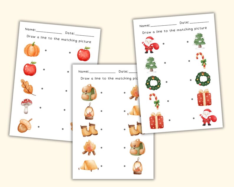 May include: A printable worksheet with three matching games. Each game has a set of pictures to match. The first game has pictures of a pumpkin, apple, leaf, mushroom, and acorn. The second game has pictures of a backpack, lantern, boots, campfire, and tent. The third game has pictures of Santa Claus, a Christmas tree, a candy cane, a wreath, and a gift.