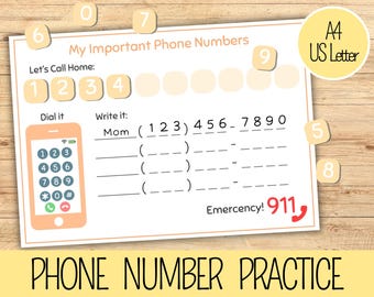 May include: A printable worksheet for practicing phone numbers. The worksheet features a phone with a dial pad and a section for writing down important phone numbers, including Mom and Emergency. The worksheet is titled "My Important Phone Numbers" and "Phone Number Practice".
