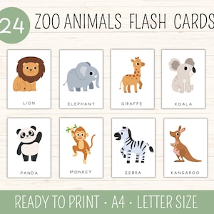 24 Zoo Animals Flashcards, Zoo Jungle Animals, Nomenclature Cards, Montessori Cards, Preschool Cards, Educational Cards, Toddler Activity