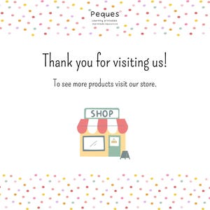 May include: A thank you message with a cartoon illustration of a shop with a red awning and the word "SHOP" above the door. The text reads "Thank you for visiting us! To see more products visit our store."