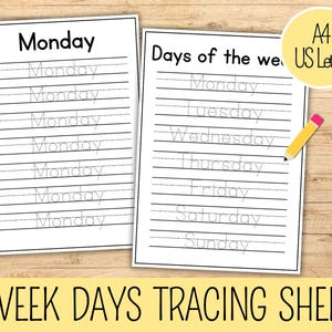 Hojas para trazar los días de la semana, práctica de escritura a mano, trazado de los días de la semana para imprimir, aprender a escribir los días de la semana, hoja de trabajo de trazado para niños