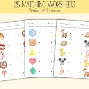 May include: Three printable worksheets for kids to practice matching pictures. The first worksheet has pictures of a croissant, a cake, a candy cane, a pretzel, and a lollipop. The second worksheet has pictures of a blue circle, a brown square, a yellow triangle, a red heart, and a green diamond. The third worksheet has pictures of a deer, a snail, a duck, a koala, a rabbit, and a deer.