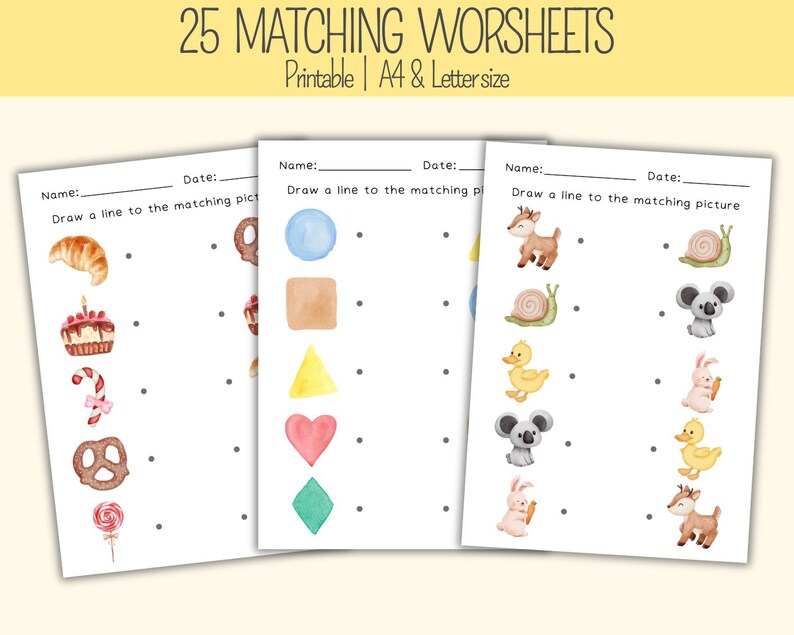 May include: Three printable worksheets for kids to practice matching pictures. The first worksheet has pictures of a croissant, a cake, a candy cane, a pretzel, and a lollipop. The second worksheet has pictures of a blue circle, a brown square, a yellow triangle, a red heart, and a green diamond. The third worksheet has pictures of a deer, a snail, a duck, a koala, a rabbit, and a deer.