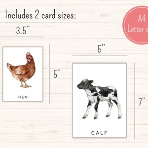 May include: Two printable cards featuring watercolor illustrations of a hen and a calf. The cards are available in two sizes: 3.5 inches by 5 inches and 5 inches by 7 inches.