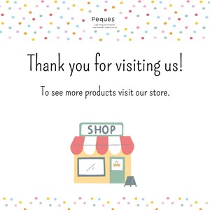 May include: A colorful thank you card with a cartoon illustration of a shop with a red awning and the word "SHOP" above the door. The text "Thank you for visiting us! To see more products visit our store." is printed on the card.