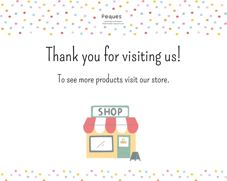 May include: A colorful thank you card with a cartoon illustration of a shop with a red awning and the word "SHOP" above the door. The text "Thank you for visiting us! To see more products visit our store." is printed on the card.