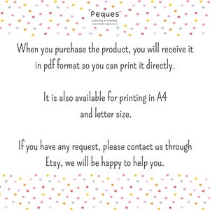 May include: Text on a white background with a colorful polka dot pattern. The text reads: "When you purchase the product, you will receive it in pdf format so you can print it directly. It is also available for printing in A4 and letter size. If you have any request, please contact us through Etsy, we will be happy to help you."