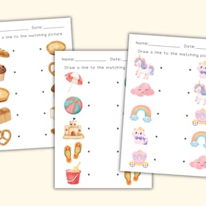 May include: A printable worksheet with three matching games for kids. The first game features images of bakery items, the second game features images of beach items, and the third game features images of unicorn-themed items. Each game has a set of images on the left and a set of matching images on the right. The instructions for each game are "Draw a line to the matching picture".