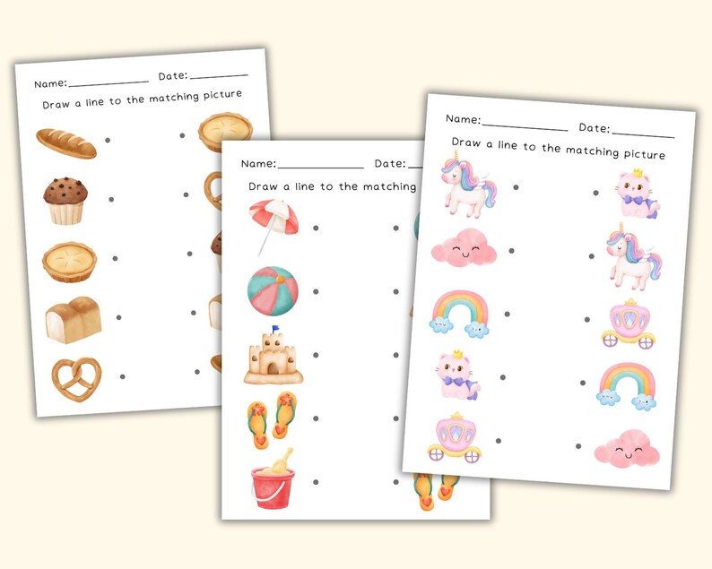 May include: A printable worksheet with three matching games for kids. The first game features images of bakery items, the second game features images of beach items, and the third game features images of unicorn-themed items. Each game has a set of images on the left and a set of matching images on the right. The instructions for each game are "Draw a line to the matching picture".