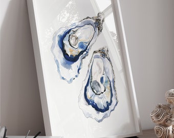 Impresión de ostras en acuarela: Arte moderno para la cocina costera (Descarga digital)