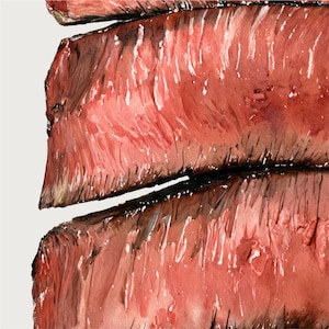 Puede incluir: Primer plano de una pintura de acuarela de una pila de carne roja. La carne est&aacute; pintada en un estilo realista, con vetas y textura visibles.