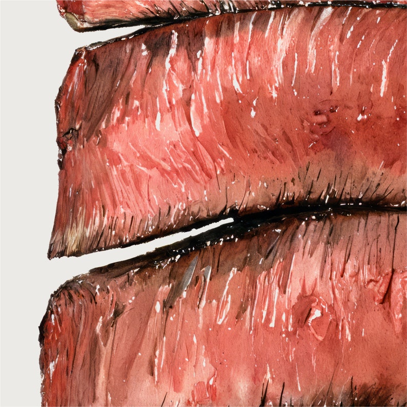 Puede incluir: Primer plano de una pintura de acuarela de una pila de carne roja. La carne est&aacute; pintada en un estilo realista, con vetas y textura visibles.