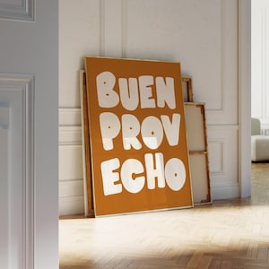 Buen Provecho Print - Spanish Bon Appétit Kitchen Poster - Orange Aesthetic Wall Art - Dining Room Decor - Motivational Printable Download