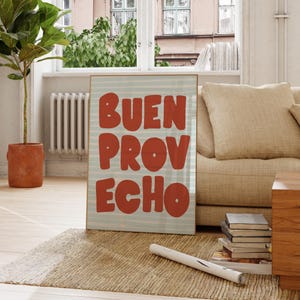 Buen Provecho Print - Spanish Bon Appétit - Kitchen Art - Dining Decor - Modern Typography Poster - Striped Background - Digital Download