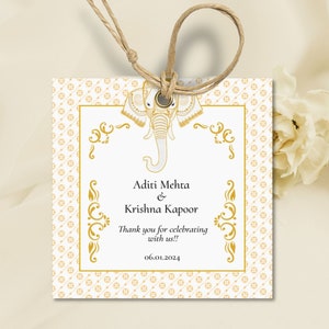 Indian Wedding Favor Tag: Royal Elephant, Gold Pattern (Digital Download)