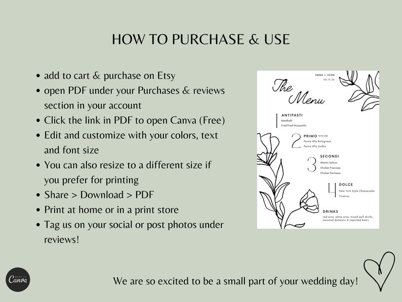 4 Course Rehearsal or Wedding Menu | Italian | 4 Courses | Editable ...