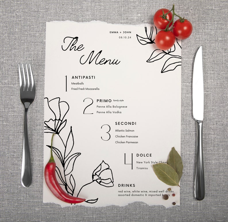 4 Course Rehearsal or Wedding Menu | Italian | 4 Courses | Editable ...