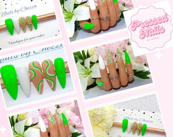 Bright neon green and white swirl press on nails, acrylic nail tips come in square, almond, coffin or stiletto, various colours to choose.