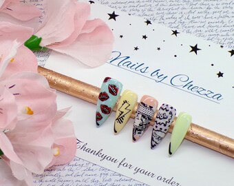 Comic book press on nails, pop art  pastel press ons, these acrylic nail tips come in square, almond, coffin or stiletto