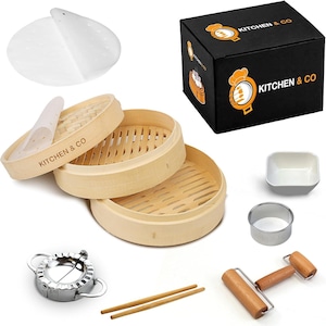 KITCHEN & CO 10-inch Dumpling Bamboo Steamer- Complete Set of 2 Tier Bamboo Steamer Basket 2 Chopsticks 1 Rolling Pin, Ceramic Dish and More