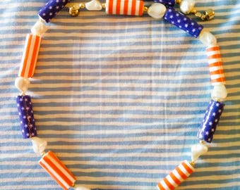 Flag Necklace, 4th of July, Happy Birthday America,  U.S.A. Red White and Blue,