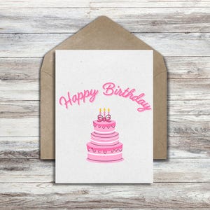 Happy Birthday Card - Digital Download - Printable Pink Birthday Card with Cake Design - Cute and Colorful Greeting Card for Women and Girls