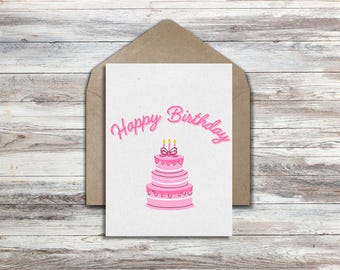 Tarjeta de feliz cumpleaños - Descarga digital - Tarjeta de cumpleaños rosa imprimible con diseño de pastel - Tarjeta de felicitación linda y colorida para mujeres y niñas
