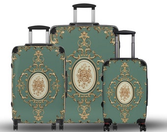 Luxury Hard Shell Green and Gold Accent Custom Travel Suitcase | Built-in Lock | 360 Swivel Wheels | 3 Sizes wheel Roller Travel Luggage