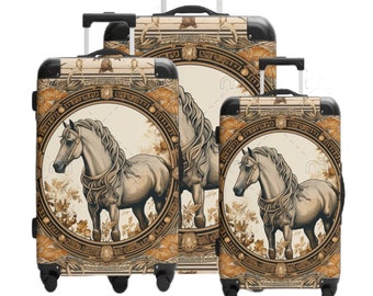 Vintage Luxury Hard Shell Horse Suitcase|Wheel 3 Piece Roller Suitcase Set|Elegant Stylish Carry on Equine Bag|Equestrian Travel Luggage Set