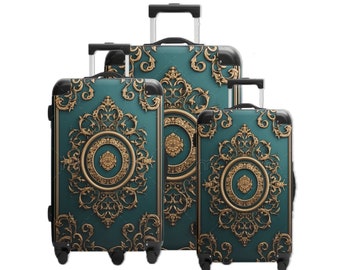 Luxury Hard Shell Green and Gold Accent Custom Travel Suitcase | Built-in Lock | 360 Swivel Wheels | 3 Sizes wheel Roller Travel Luggage