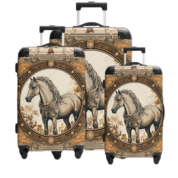 Horse Suitcase - Hard Shell Four wheel 3 -Piece Roller Suitcase Set - Exquisite Stylish Equine theme - Vintage Equestrian Travel Luggage Set