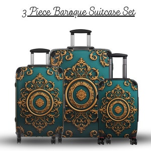 Luxury Hard Shell Green and Gold Accent Custom Travel Suitcase | Built-in Lock | 360 Swivel Wheels | 3 Sizes wheel Roller Travel Luggage