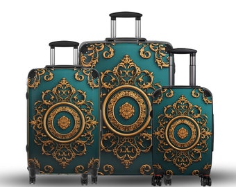 Luxuriöser Hartschalen-Reisekoffer mit grünen und goldenen Akzenten | Integriertes Schloss | 360-Grad-Schwenkräder | 3 Größen Radrollen-Reisegepäck