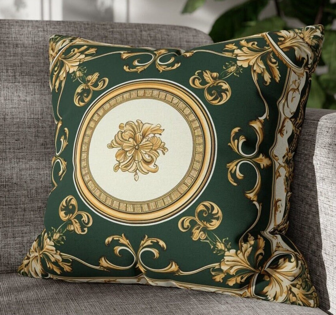 Picture of Decorative Green and Gold Baroque Throw Pillow Square Accent Retro ...