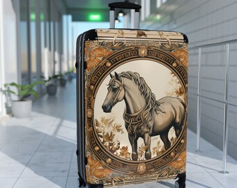 Vintage Luxury Hard Shell Horse Suitcase|Wheel 3 Piece Roller Suitcase Set|Elegant Stylish Carry on Equine Bag|Equestrian Travel Luggage Set