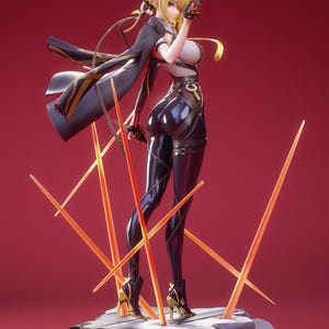 Könnte beinhalten: Eine detaillierte Figur einer weiblichen Figur mit blonden Haaren, die ein schwarzes und goldenes Outfit trägt, steht auf einem felsigen Sockel mit leuchtend orangefarbenen Linien. Die Figur ist mit einer Hand auf der Hüfte und der anderen, die eine Waffe hält, in Pose gesetzt. Der Sockel trägt den Text "PATREON | KuruFigure".