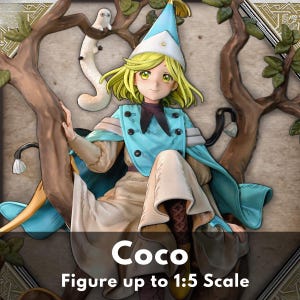 Könnte beinhalten: Detaillierte Figur einer Figur namens Coco, mit gelbem Haar und blauem Outfit, die auf einem Ast sitzt. Die Figur hat ein skurriles Design, mit einem kleinen weißen Wesen, das auf einem Ast darüber sitzt. Der Text "Coco Figure up to 1:5 Scale" steht unten.