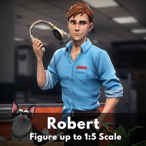 Könnte beinhalten: Eine digitale Illustration einer Figur namens Robert, die ein hellblaues Hemd mit Knöpfen und den Buchstaben "SDN" auf der Tasche trägt. Er hält ein Headset. Im Hintergrund ist ein Hund zu sehen. Der Text "Figur bis zu 1:5 Maßstab" steht unten.