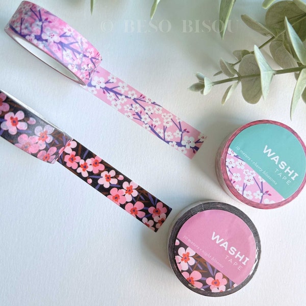 Japanese Cherry Blossoms & Night Blooms Washi Tape | Spring, Flowers, Botanical, Kyoto, Tokyo, Planners, Journals, Scrapbook, Collage, TN