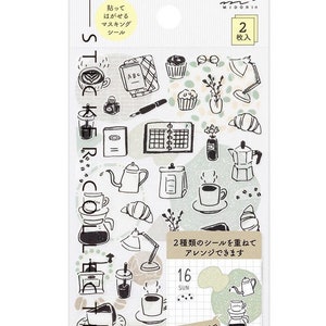 Retro Style Coffee & Stationery Sticker Set (2 Sheets) by Midori | Cafe, Journals, Bujo, Planners, Hobonichi, Travelers Notebook, Calendar