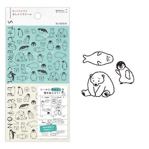May include: A sheet of stickers featuring a variety of cute cartoon animals, including penguins, seals, and polar bears. The stickers are on a light blue background with the text "海の動物" (Sea Animals) in Japanese. The stickers are designed to be used for decorating planners, journals, and other items.