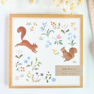 NEW- Squirrels Washi Paper Memo Pad | Nuku Japanese Block Note Pad, Forest Woodland Animals, Garden Flowers, Stationery Letter Writing