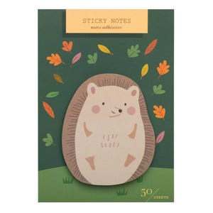 May include: A set of sticky notes shaped like a hedgehog, with a light brown body and a darker brown back. The notes are on a green background with autumn leaves and the text "STICKY NOTES notes adhésives". The package contains 50 sheets.