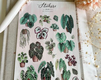 May include: A sheet of stickers featuring various potted plants, including monstera, begonia, and other tropical foliage. The stickers are in shades of green and brown, with a pink background. The text "Stickers by Typoflora" is visible.