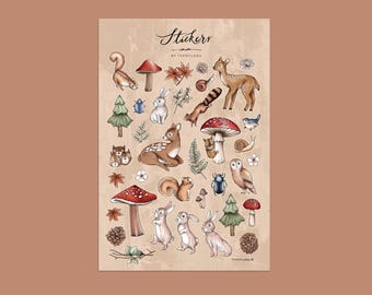 FEUILLE D'AUTOCOLLANTS BOISÉ par Typoflora | Animaux de la forêt, nature, champignons, journal intime, agendas, carnet de notes, papeterie