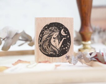 Celestial Moon Goddess Rubber Stamp by Black Milk Project | Stars, Moon, Night Sky, Galaxy, Woman, Luna, Journal, Planner, Scrapbook, TN